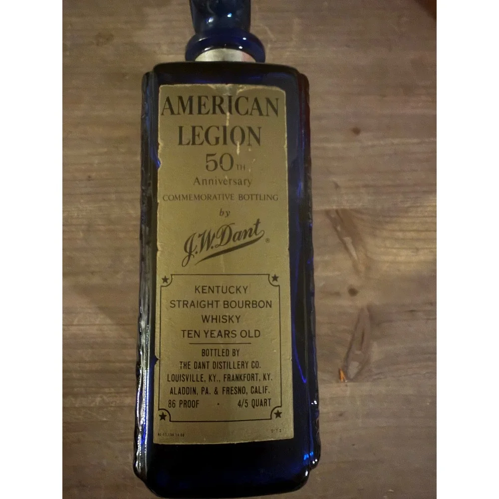 Vintage J.W. Dant American Legion 50th Anniversary Cobalt Blue Glass Decanter 19